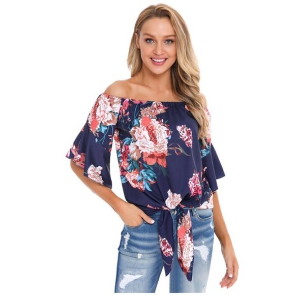 Off Shoulder Blouse Blue Red Floral Tie Front - Picture 1 of 13